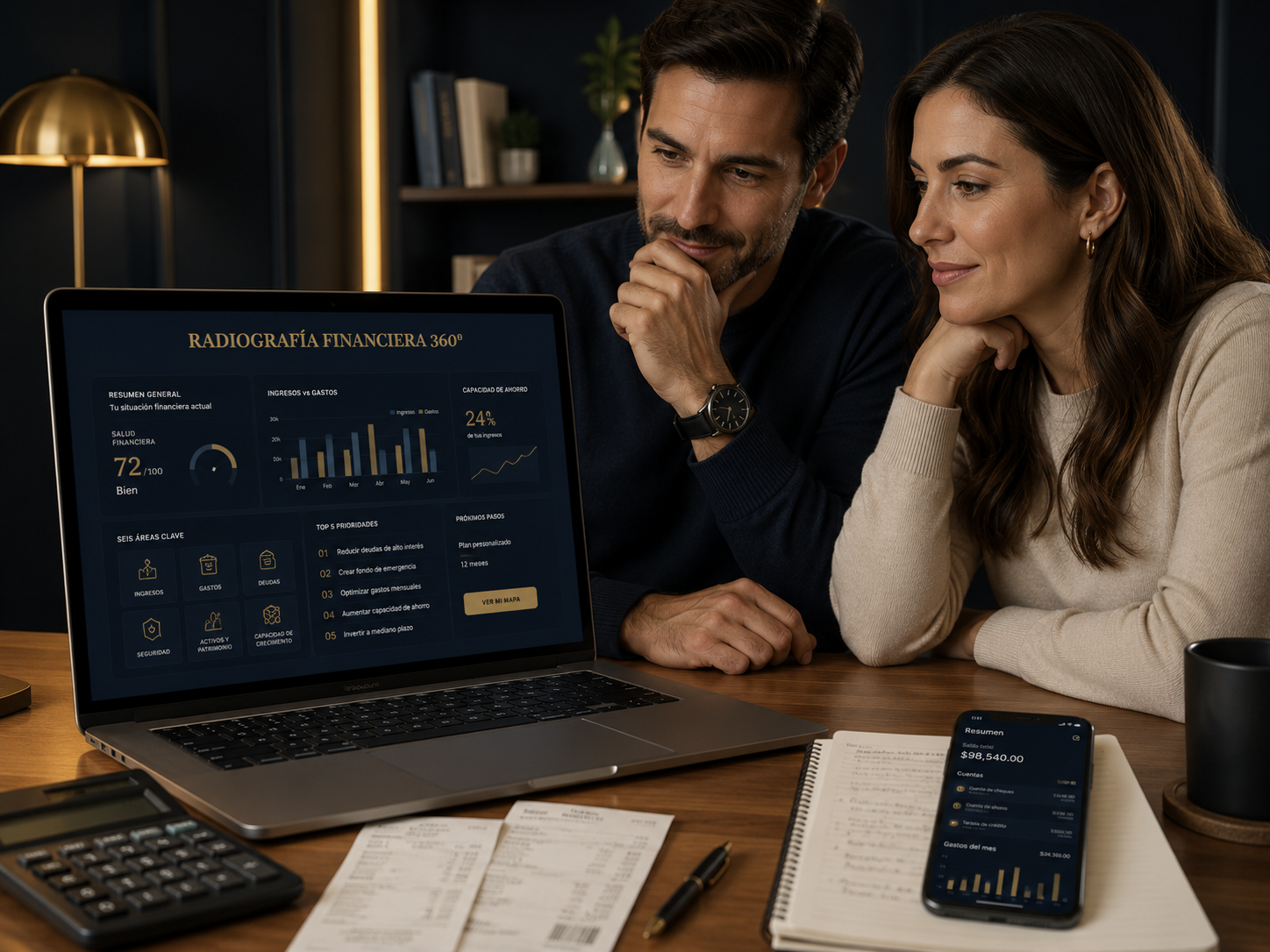 Pareja revisando su Radiografía Financiera 360º en un entorno de planificación financiera